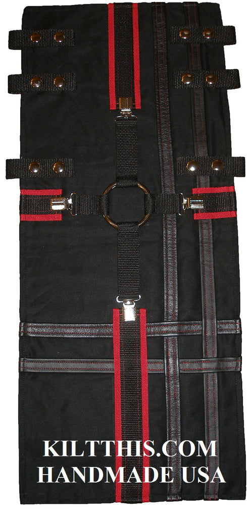 Black Twill Cotton with Black n Red Cross - Black Leather Stripes