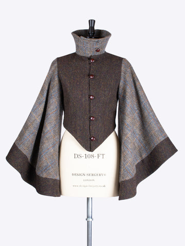 Sustainable luxury - Chocolate and Sage Harris Tweed bell sleeve dramatic jacket