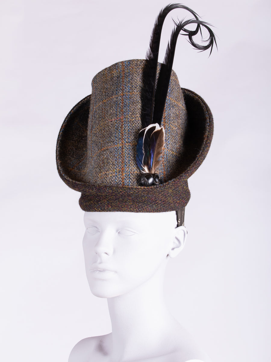 sage and chocolate Harris Tweed hat with long curled feathers and leather buttons