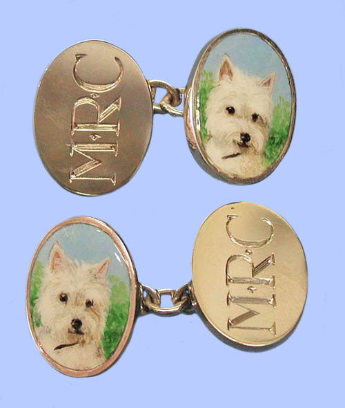 Pair of Gold Cufflinks Hand- Enamelled with a Dog - the Other Two Faces Hand- Engraved with Initials