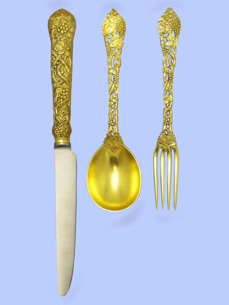New Hand-Forged Silver-Gilt Flatware - Chased and Pierced Vine Pattern