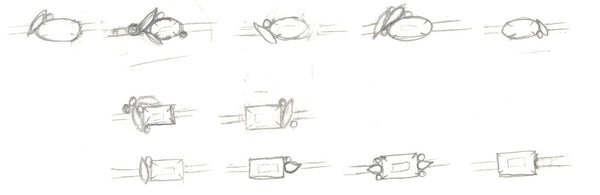 Design Drawings for gorgeous custom unique floral oval and marquise diamond 18k recycled yellow gold engagement ring handmade in Chicago