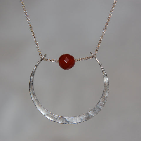 Luna Pendant with faceted Carnelian bead, on textured sterling silver with gold-filled chain