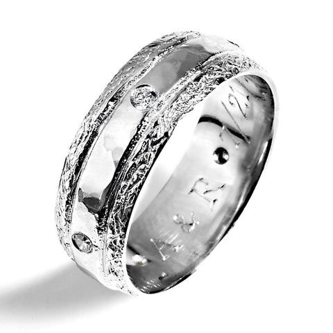 14k white gold engraved ring with diamonds handmade in Chicago
