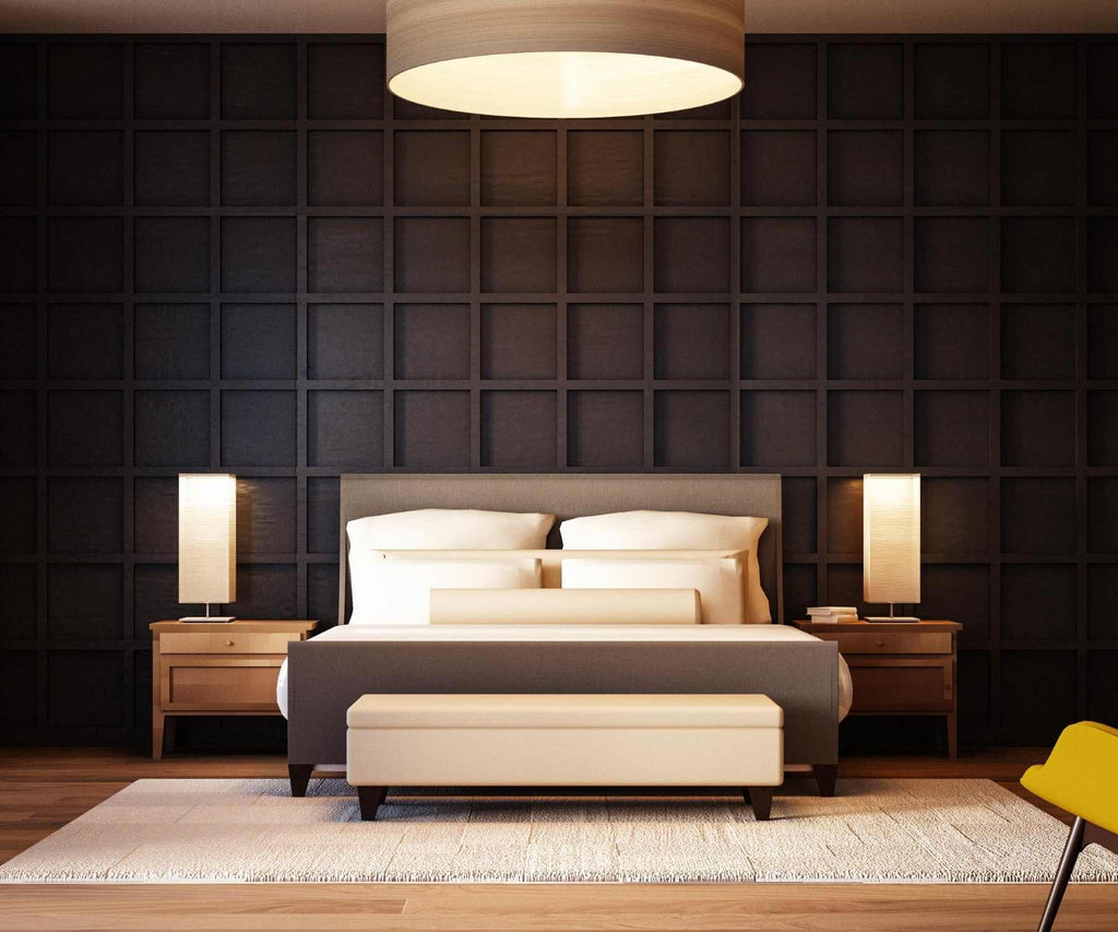 Hotel bedroom with dark panelled wall bed with bedside tables