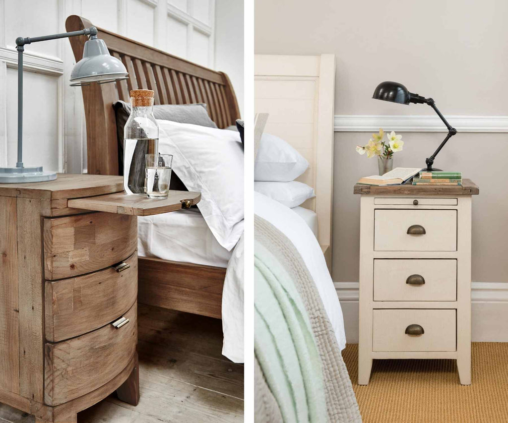 Rustic bedside table with extending tray and white bedside table with lamp