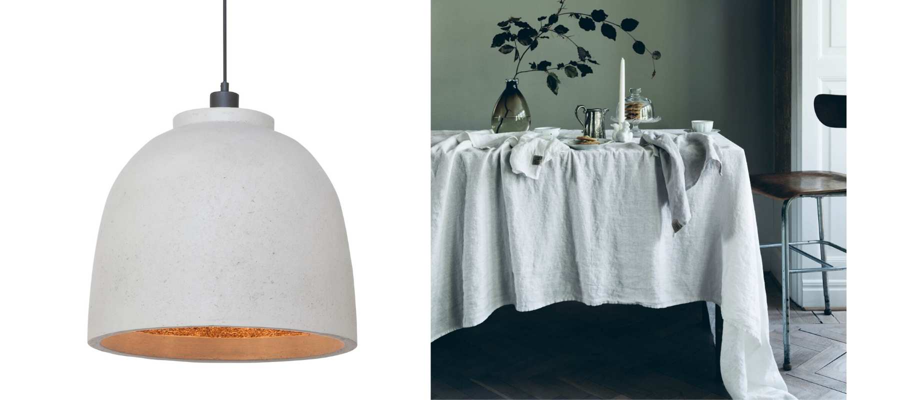 Image of white woodchip pendant ceiling light and white linen tablecloth