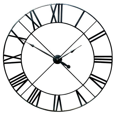A large round wall clock in black metal 