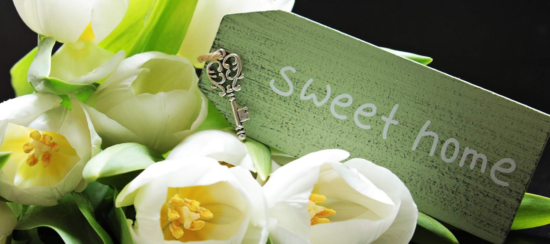 Close up of bunch of white flowers with home sweet home written on card