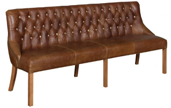 Tan Leather Dining Bench on wooden legs
