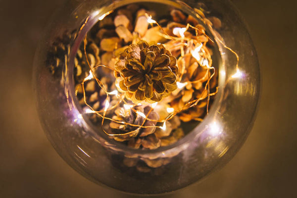 A pinecone in a glass jar with fairy lights
