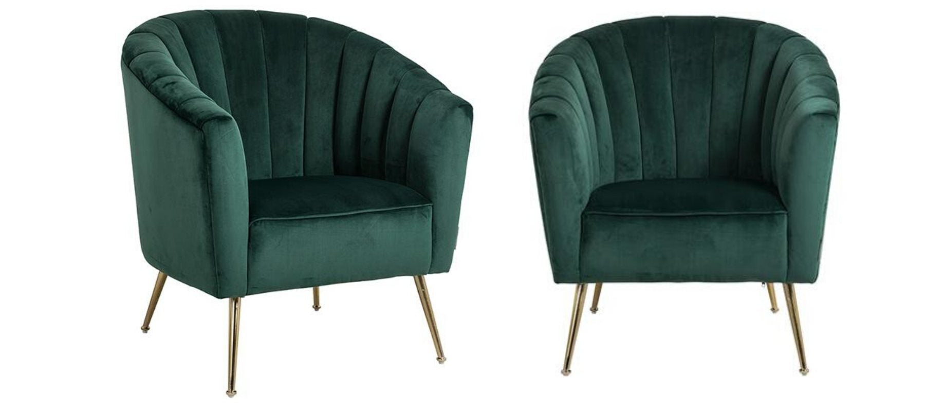 two green velvet armchairs with slim tapered gold legs.