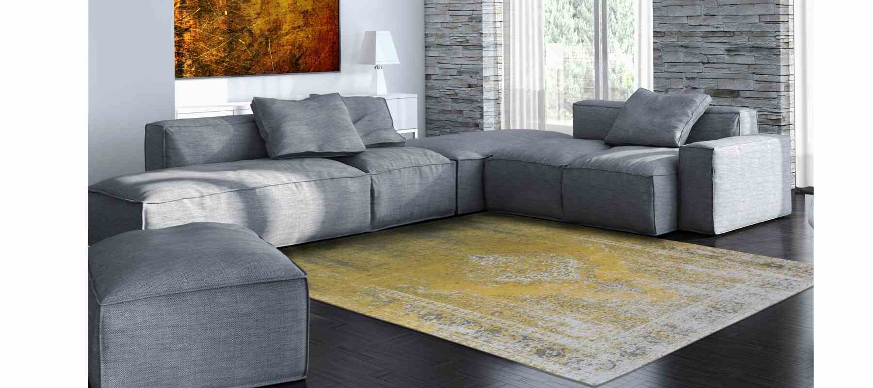 Living room with large yellow rug