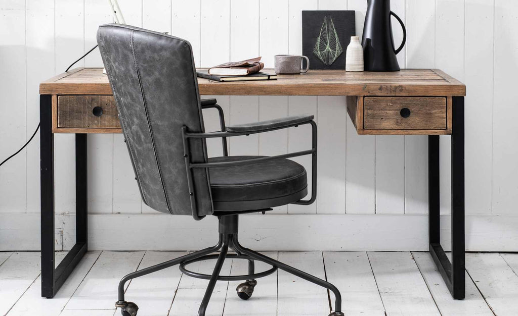 industrial desk with grey leather office chair
