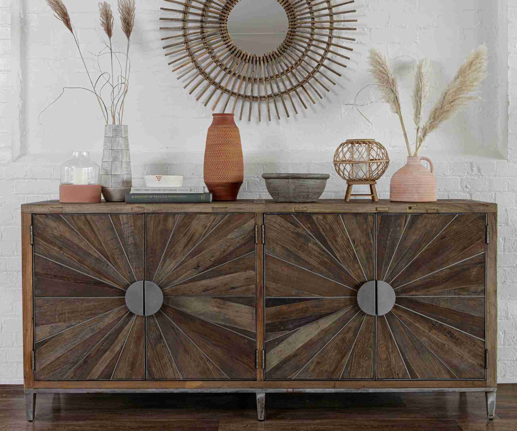 Reclaimed wood sideboard with metal detailing and round bamboo mirror above