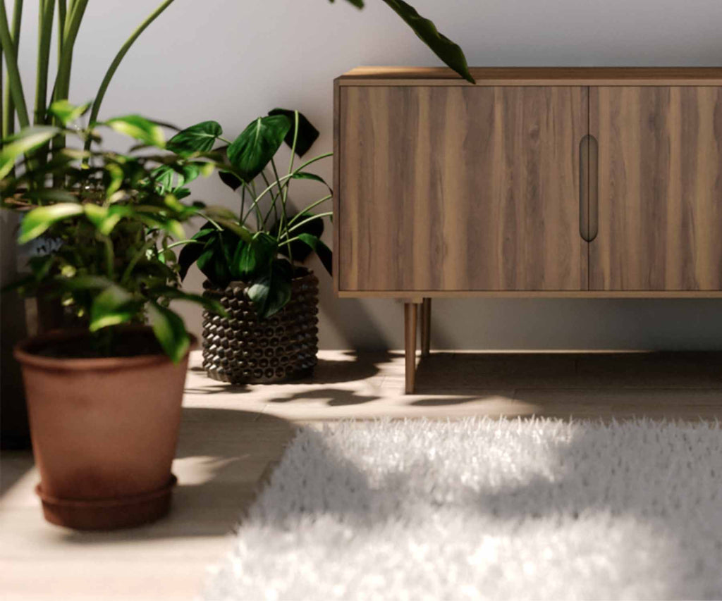 Cream rug next to plant in terracotta pot and wooden sideboard