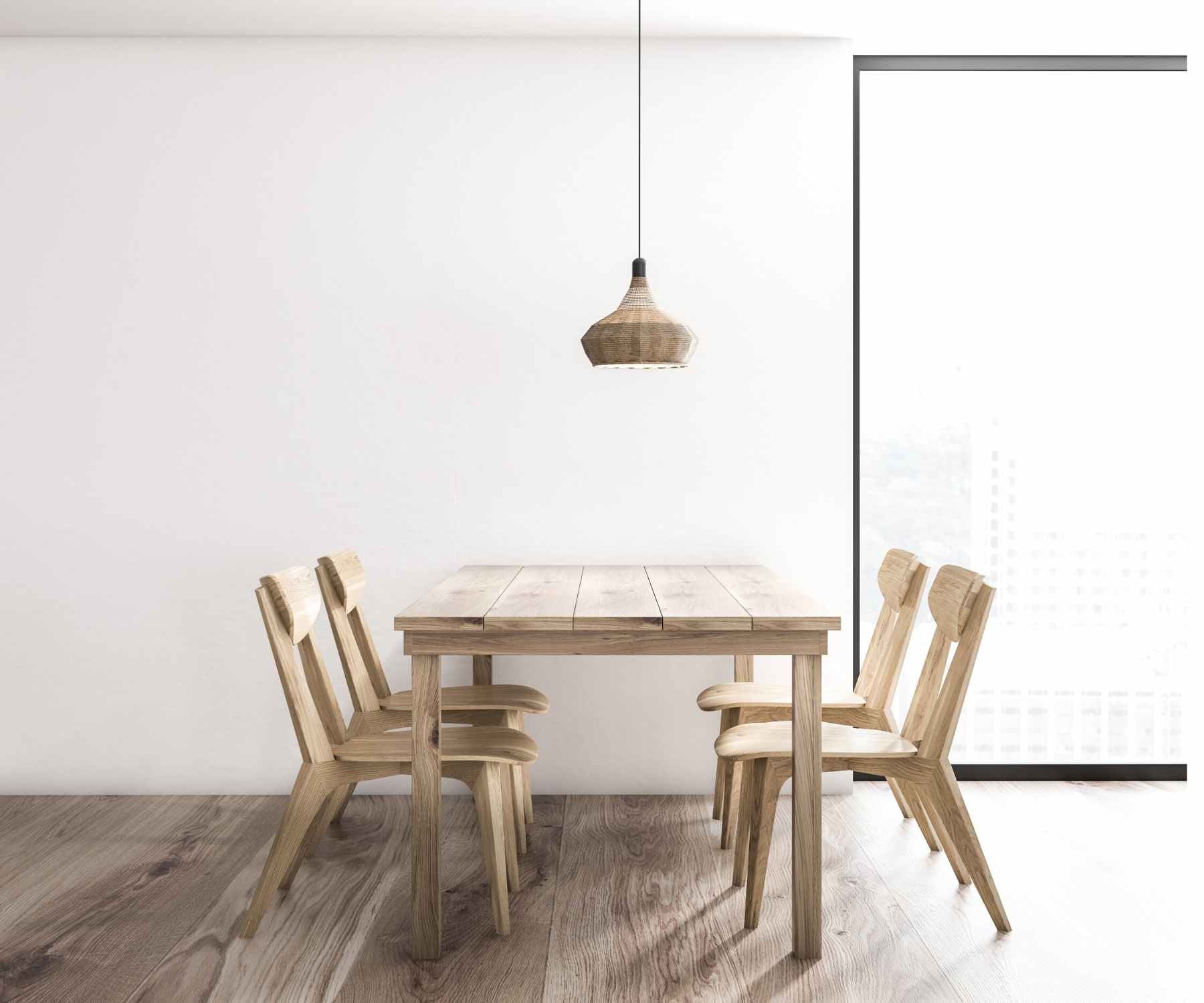 Wooden dining table and chairs in white minimalist room with pendant light