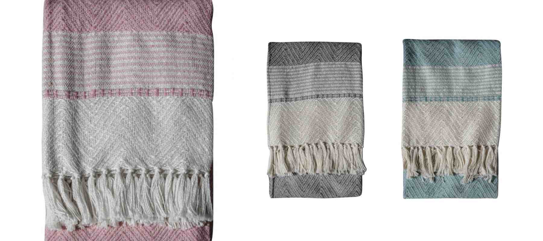Three PET blankets in blue, pink and grey