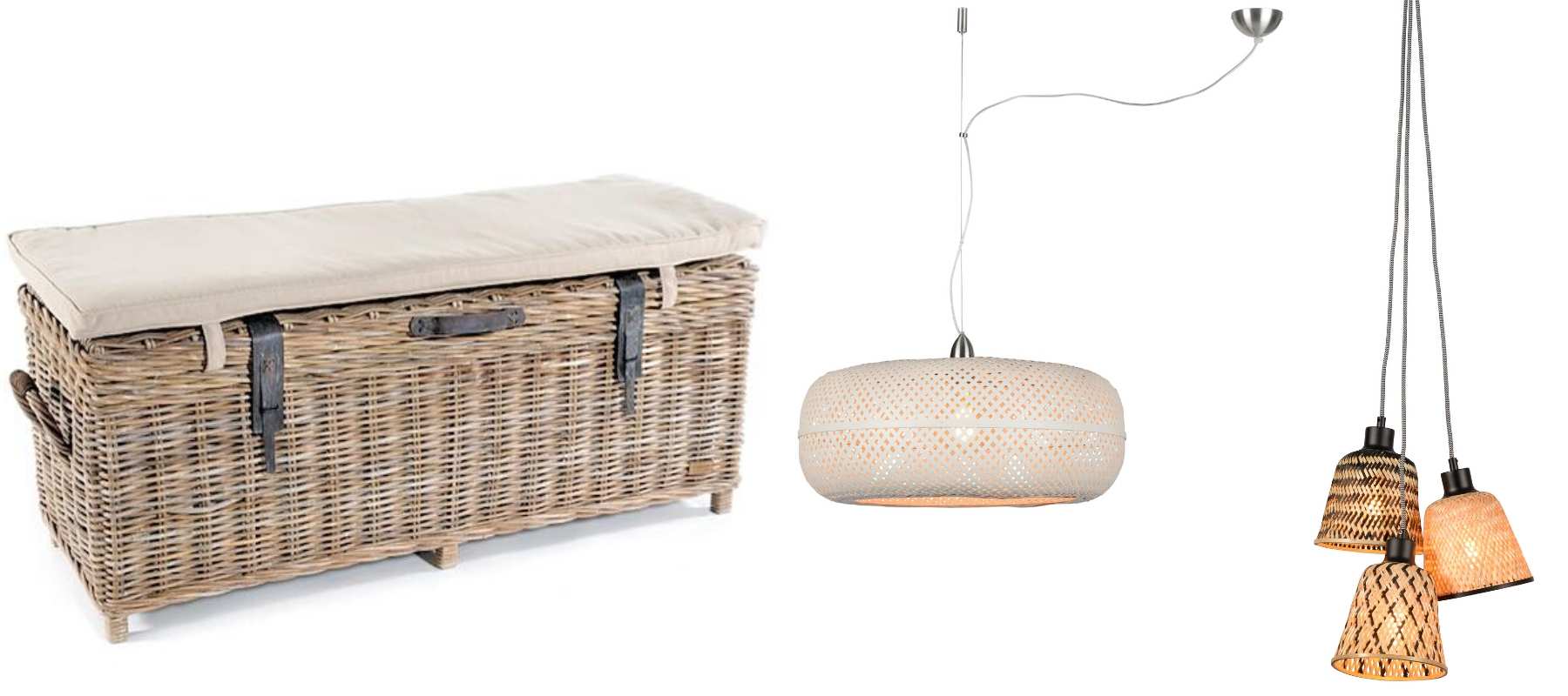 Rattan storage bench with cushion, white rattan pendant light and bamboo hanging lights