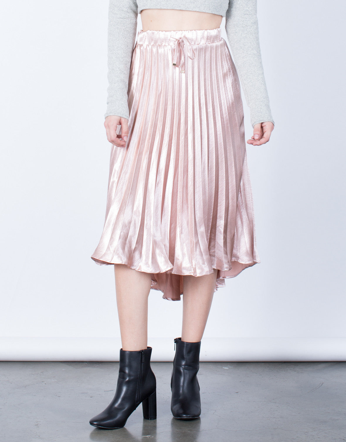 Pleated Metallic Skirt Light Pink Midi Skirt Pleated Satin Skirt 2020ave 4263