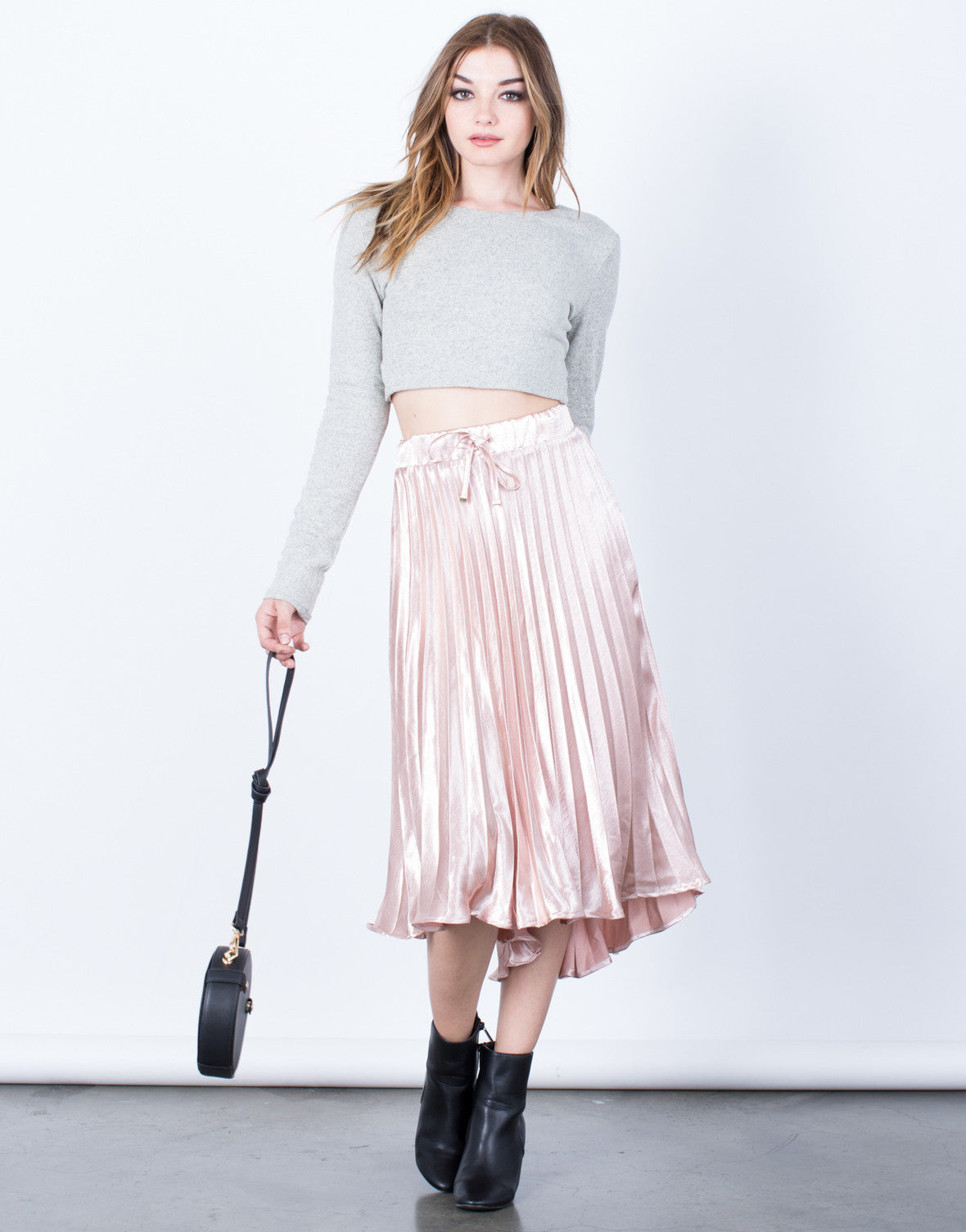 Pleated Metallic Skirt Light Pink Midi Skirt Pleated Satin Skirt 2020ave 0737