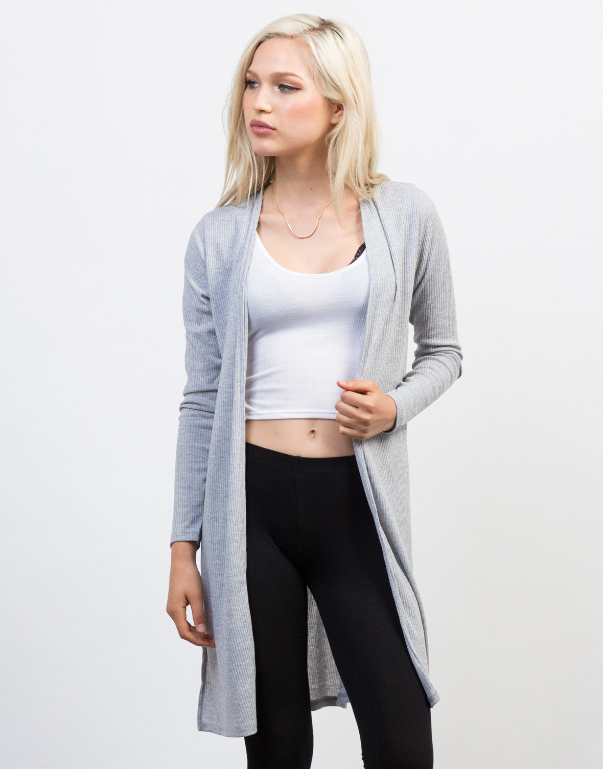 Ribbed Duster Cardigan - Light Grey Open Cardigan - Long Sleeve