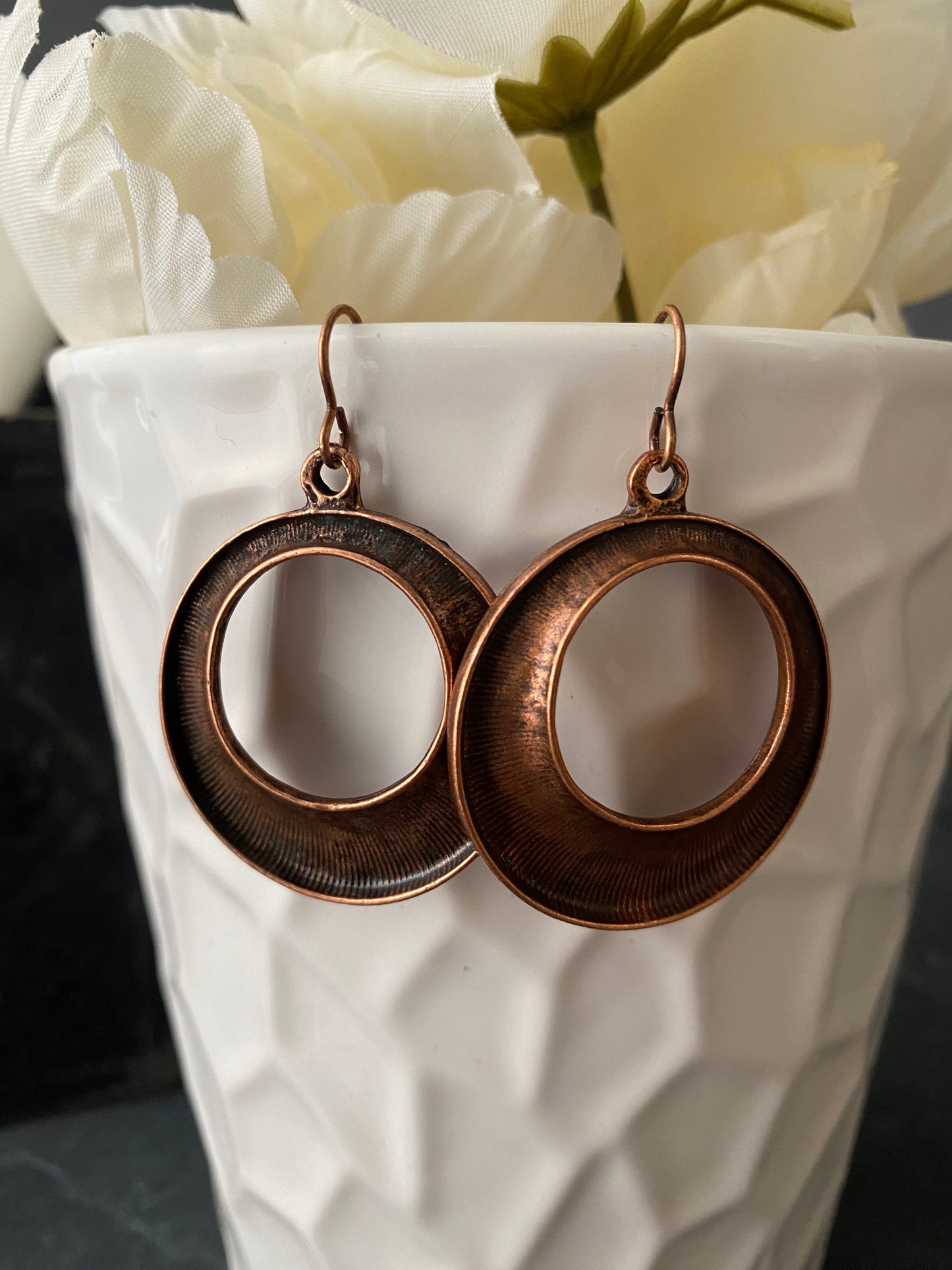 Lined textured copper hoops. copper metal, earrings, jewelry.
