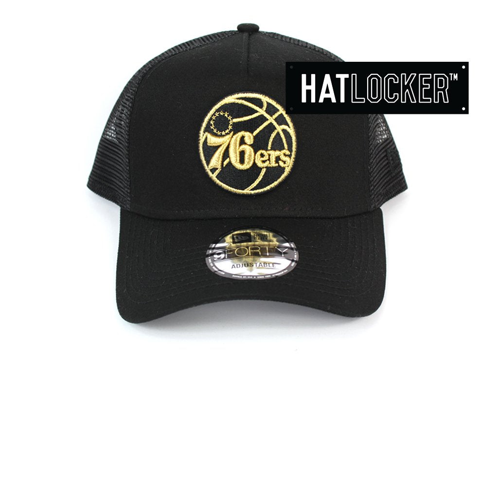 New Era Philadelphia 76ers Gold Logo Black Trucker Snapback Hat