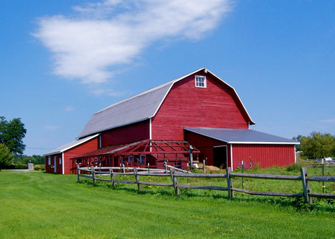 The red barn on the farm. 