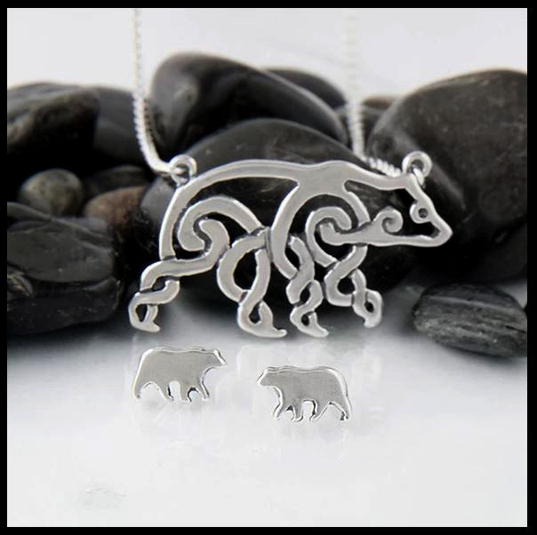 Celtic Bear Pendant and Earring Set in sterling silver. 