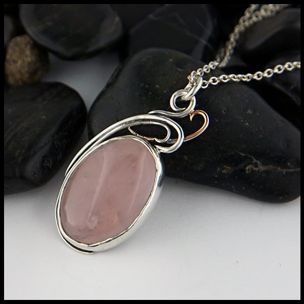 Custom Rose Quartz Floral pendant in Sterling Silver with 14K Rose Gold accent.