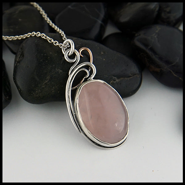 Custom Rose Quartz Floral pendant in Sterling Silver with 14K Rose Gold accent.