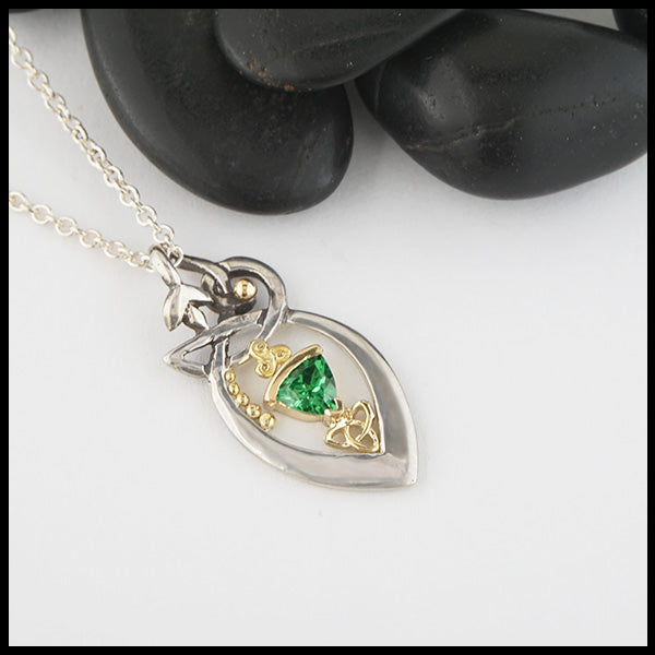 Custom Sterling Silver vine pendant with 14K yellow gold trinity and accent beads, set with a Tsavorite.