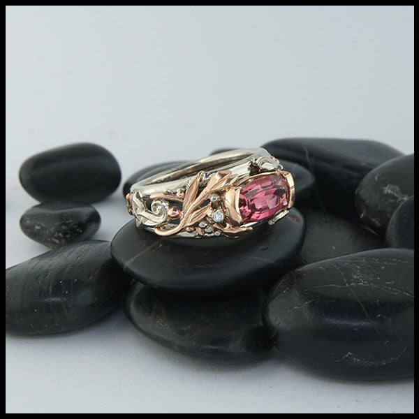 Pink Tourmaline and diamond custom ring in gold