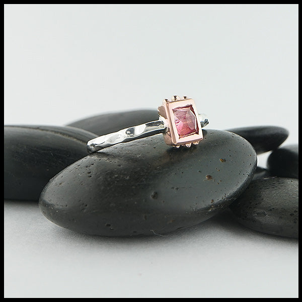 Custom, rustic, hand fabricated ring in sterling silver with a 14K Rose gold bezel and bead accents, set with a Rose Cut Pink Tourmaline.