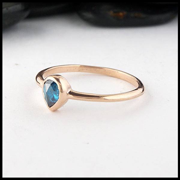 Simple 14K Rose Gold ring bezel set with 0.39ct Rose Cut Blue Diamond.