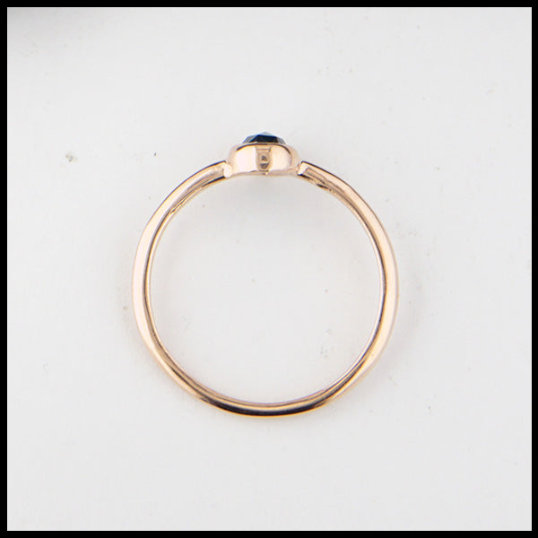 Profile view of simple 14K Rose Gold ring bezel set with 0.39ct Rose Cut Blue Diamond.