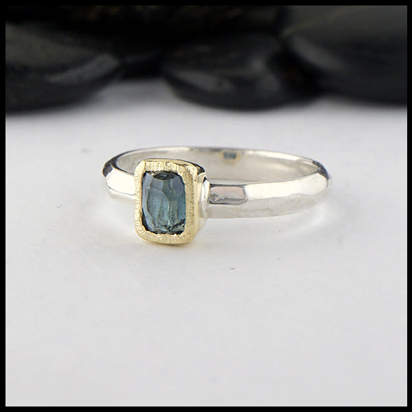 Rustic hand fabricated ring in sterling silver with an 18K yellow gold bezel set with a Rose Cut Blue Green Tourmaline.