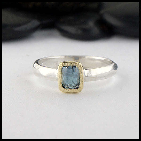 Rustic hand fabricated ring in sterling silver with an 18K yellow gold bezel set with a Rose Cut Blue Green Tourmaline.