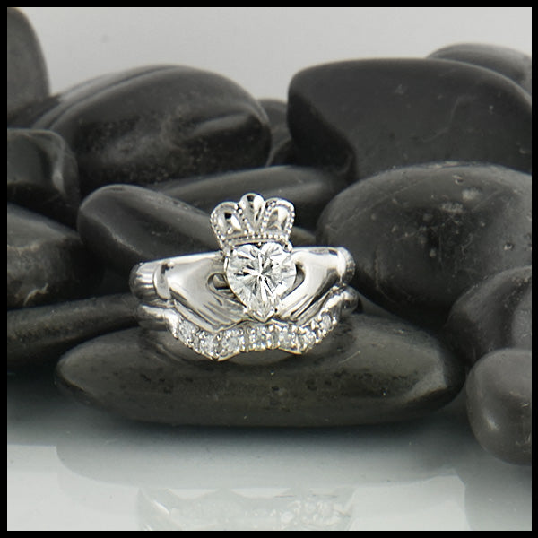 Walker Metalsmiths handcrafted Moissanite Claddagh Wedding Set