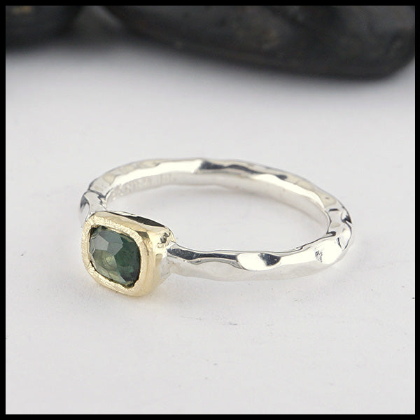 Sterling Silver and 18K yellow gold ring set with a Rose Cut Green Tourmaline.