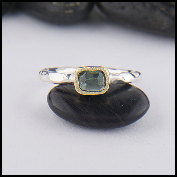 Sterling Silver and 18K yellow gold ring set with a Rose Cut Green Tourmaline.