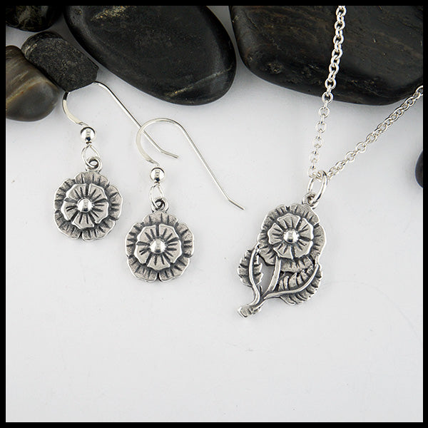 English Rose Pendant and Earring Set in Sterling Silver.