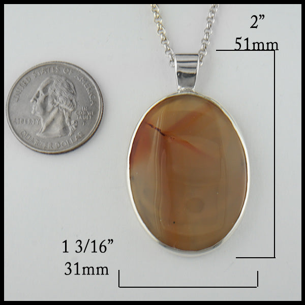 Dimensions of Agate Leaf Pendant in Silver are 2" by 1 3/16".