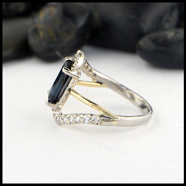 Profile view of Blue Green Tourmaline Bypass Ring in 14K White Gold and 18K Yellow Gold