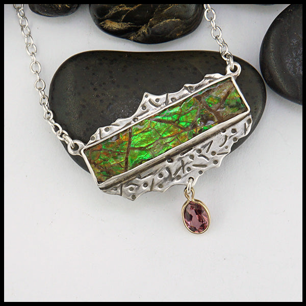 Ammolite and pink tourmaline mountain pendant