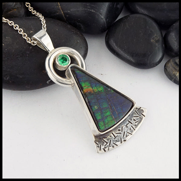 Triangle ammolite and tsavorite pendant in silver