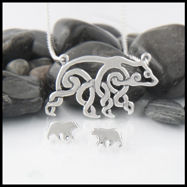 Celtic Bear Pendant and Bear Stud Earrings