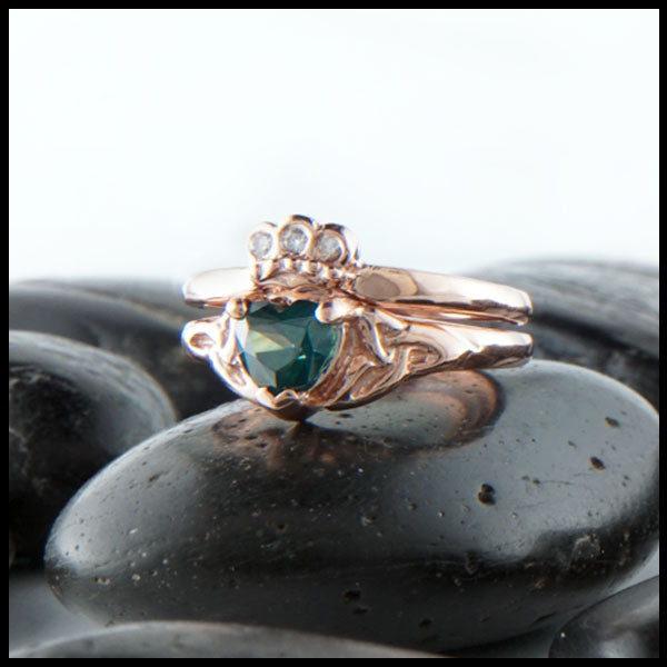 Evergreen Topaz and diamond claddagh ring set