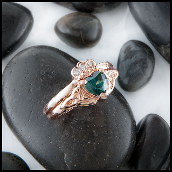 Evergreen Topaz and diamond claddagh ring set